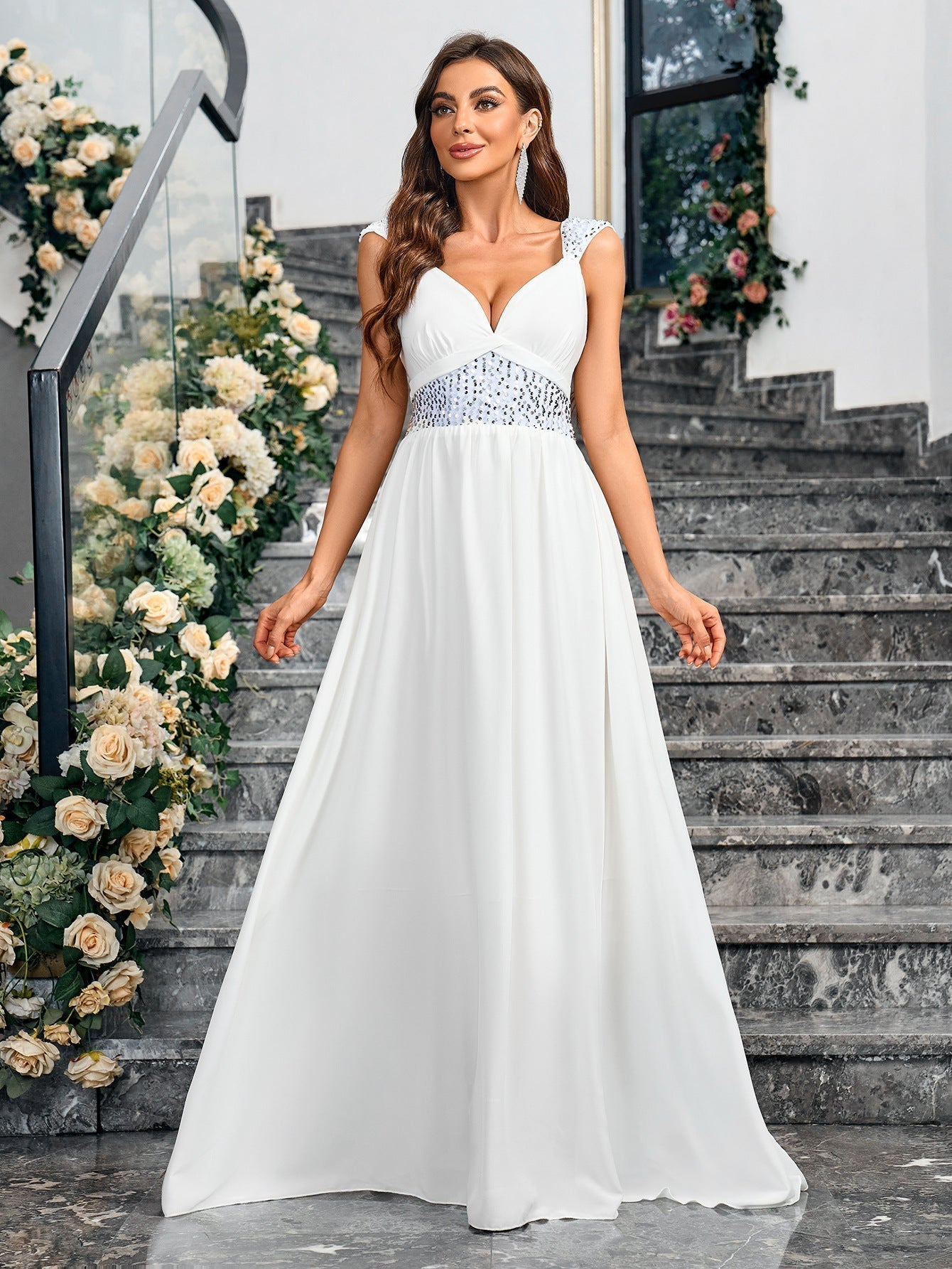 Sequin Strap Deep V Gathered Bust Chiffon Empire Maxi Gown