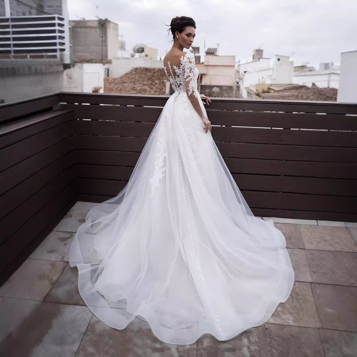 French V-Neck Long Sleeve Wedding Dress