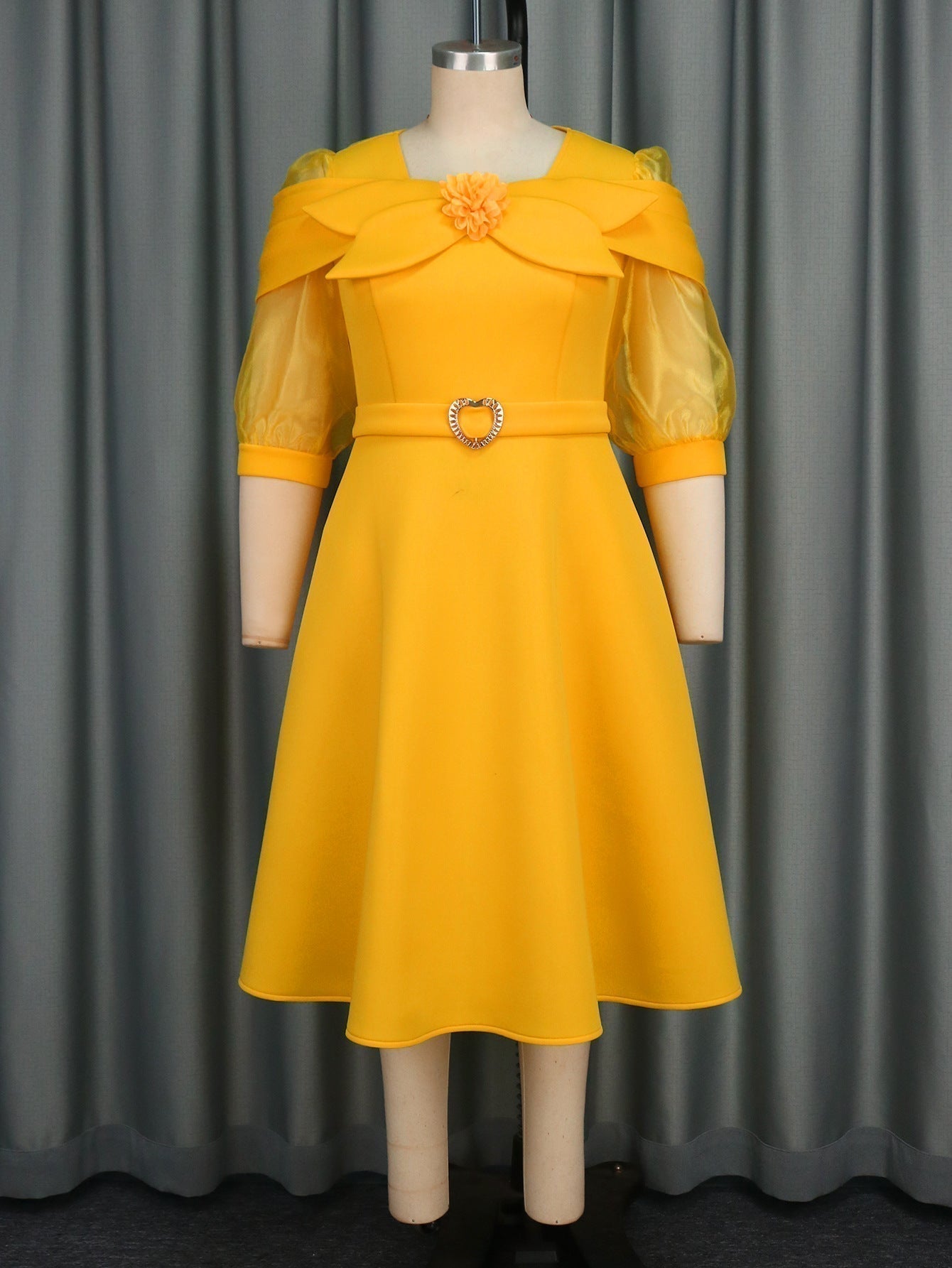 Bow Shoulder Floral Applique Mesh Puff Sleeve Belted A-Line Midi Dress