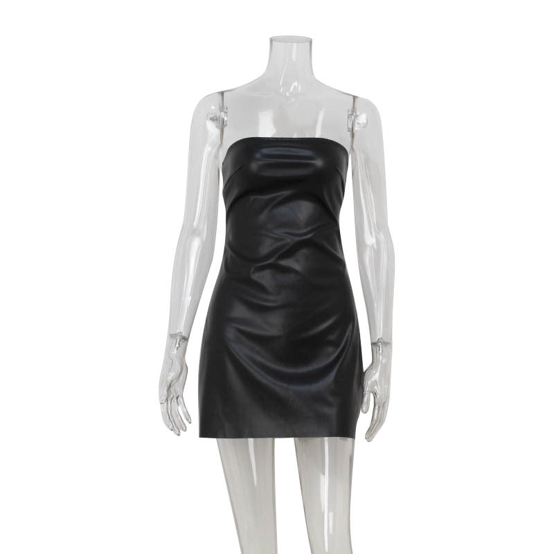 Strapless Tube Waist Seam Faux Leather Bodycon Mini Dress