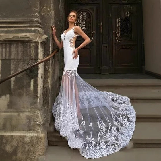 Deep V-Neck Sleeveless Lace Wedding Dress
