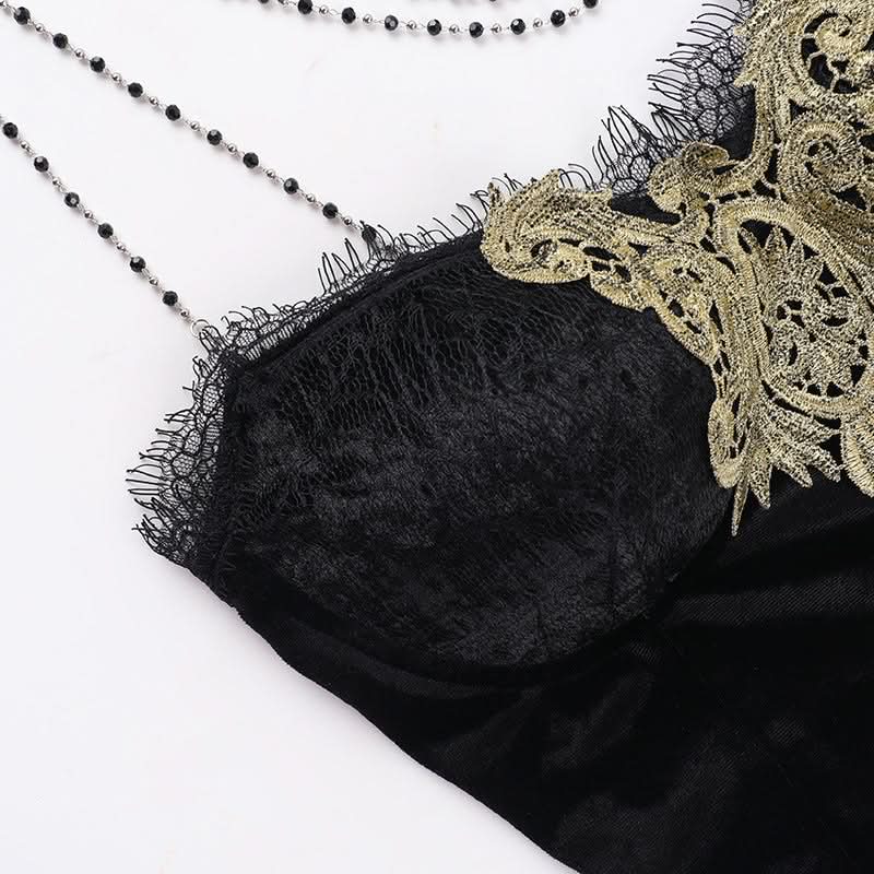Velvet beaded lace hem cami top