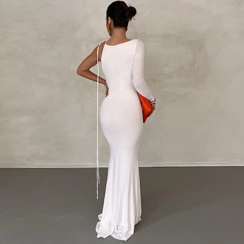 One Shoulder Cowl Neck Asymmetrical Long Sleeve Maxi Dress