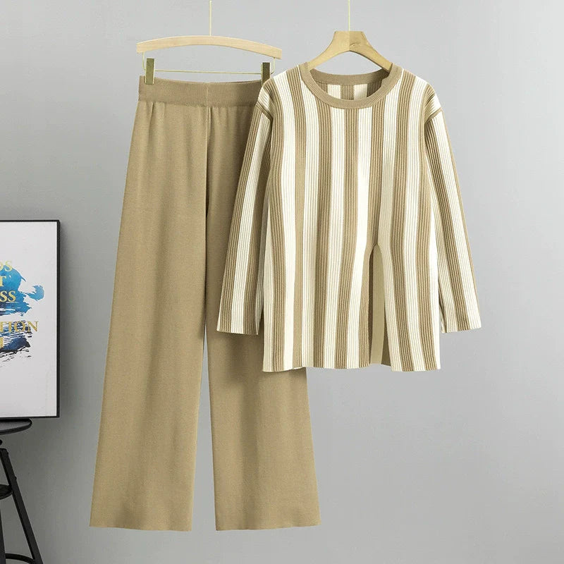 Khaki - Fashion Striped Split Hem Two Piece Set