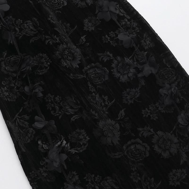 U neck velvet flower pattern slit maxi dress