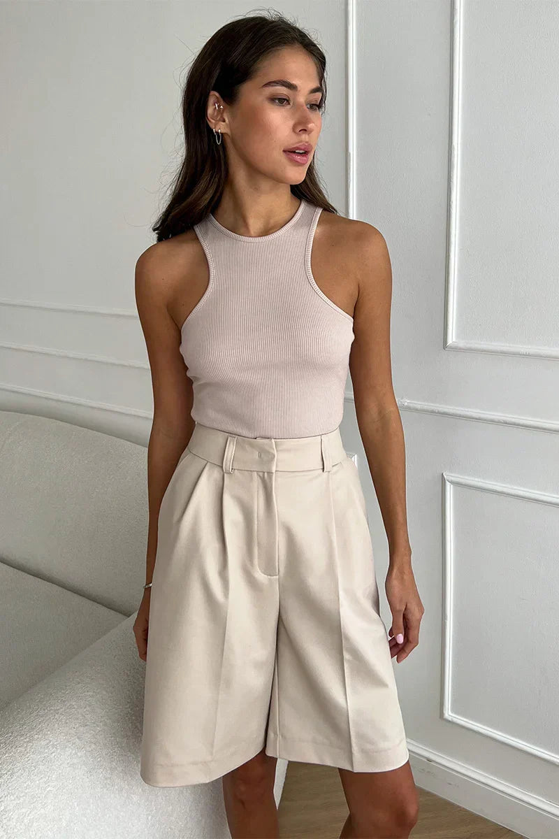High Waist Pleated Bermuda Shorts