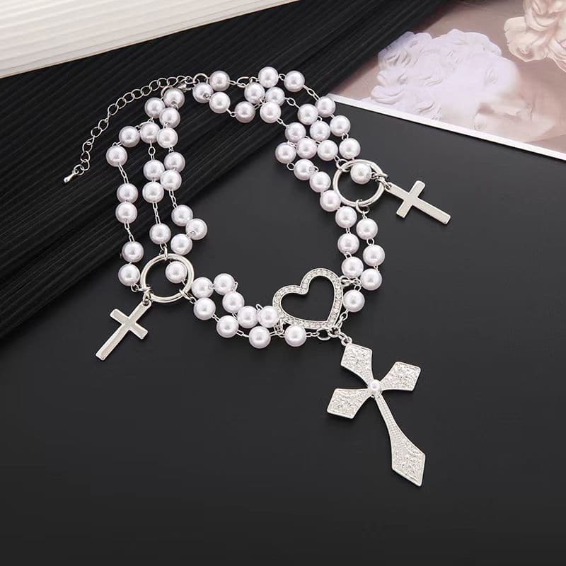 O ring faux pearl layered cross pendant choker necklace