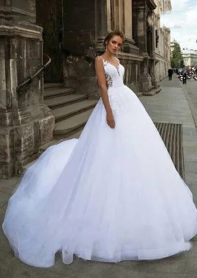 Deep V-Neck Sleeveless Lace Wedding Dress