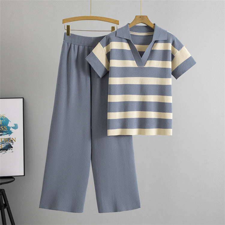 Blue – V-Neck Short Sleeve Striped Two Piece Set