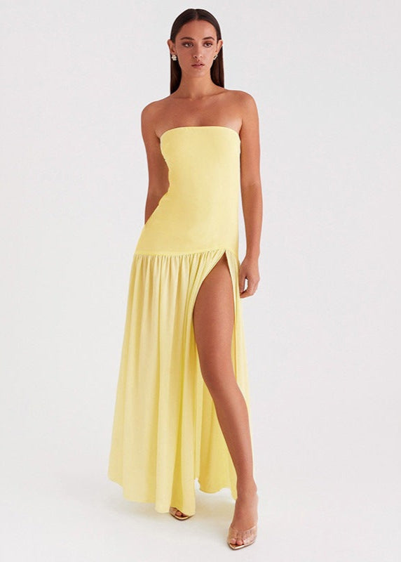 Solar Mirage – Strapless Yellow Maxi Dress with Side Slit