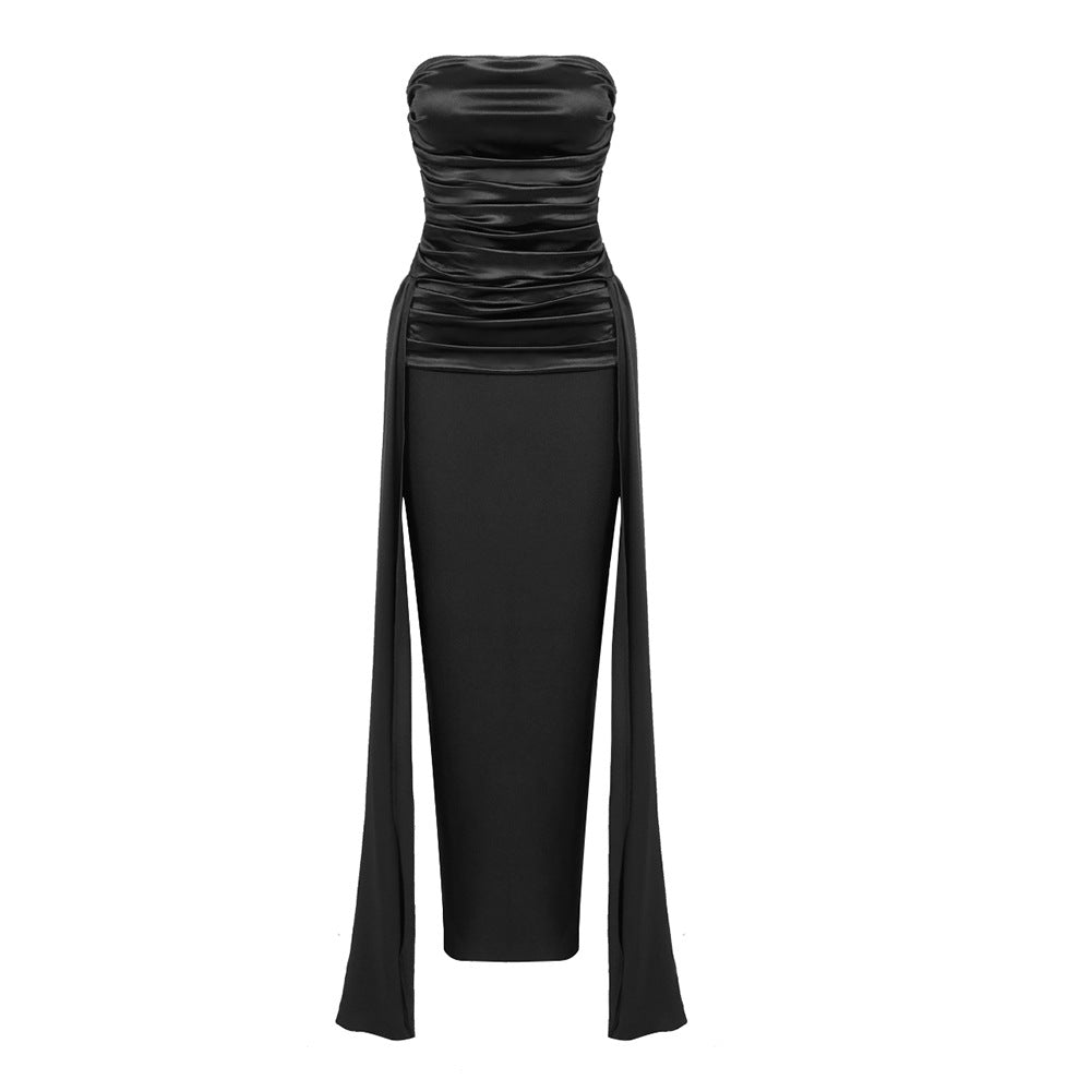 Strapless Ruched Draped Wing Panel Satin Column Maxi Gown