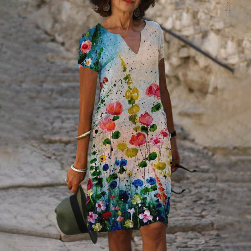Watercolor Wildflower Print V-Neck Short Sleeve Shift Midi Dress