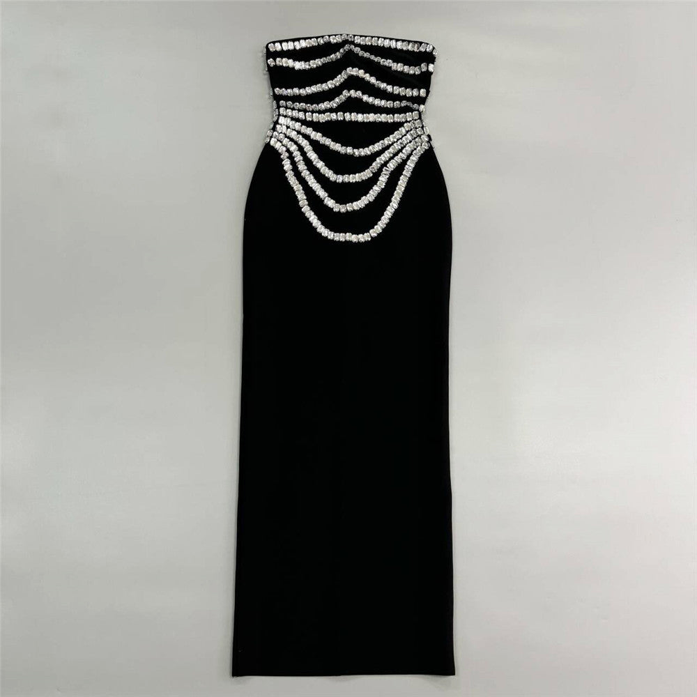 Strapless Bandeau Rhinestone Tiered Crystal Draped Velvet Column Maxi Gown