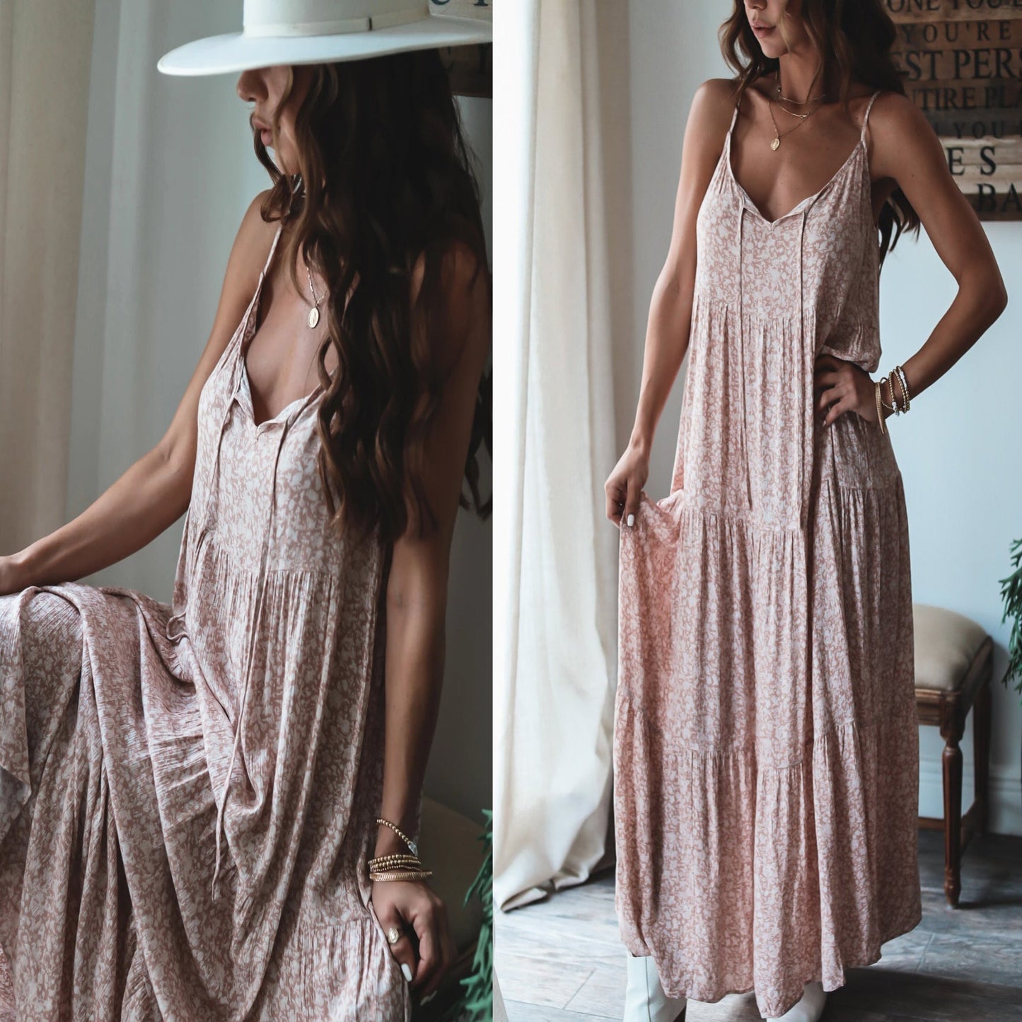 Spaghetti Strap Tie Front Floral Print Tiered Maxi Dress