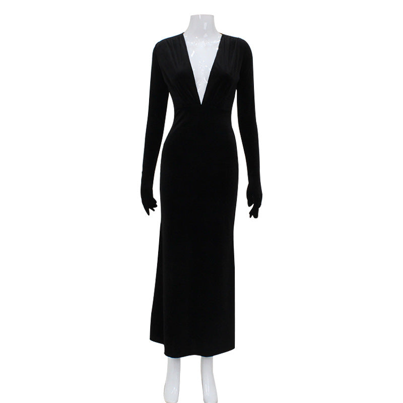 Deep Plunge V-Neck Velvet Integrated Glove Long Sleeve Mermaid Maxi Gown