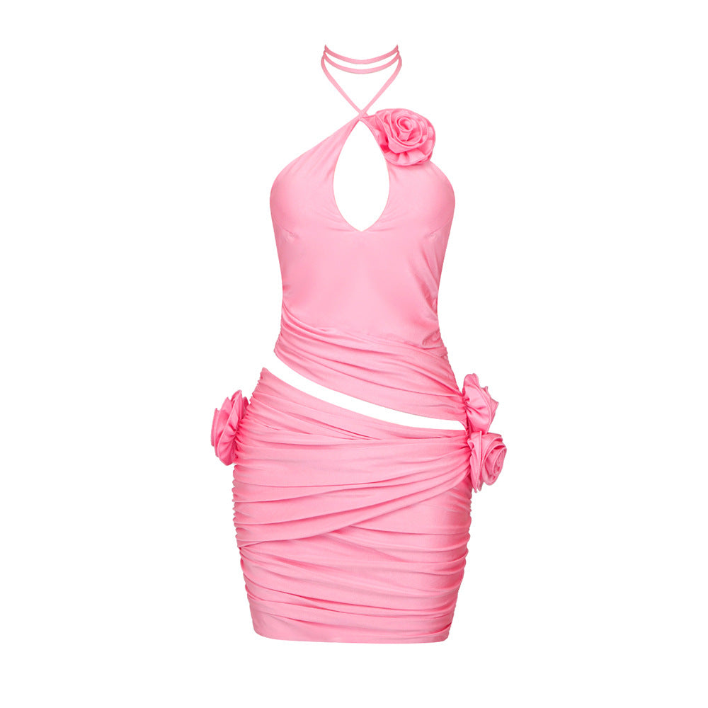 3D Floral Applique Halter Ruched Mini Skirt Two-Piece Set