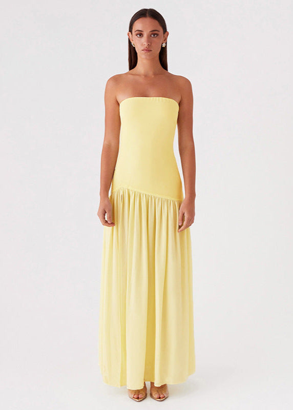 Solar Mirage – Strapless Yellow Maxi Dress with Side Slit