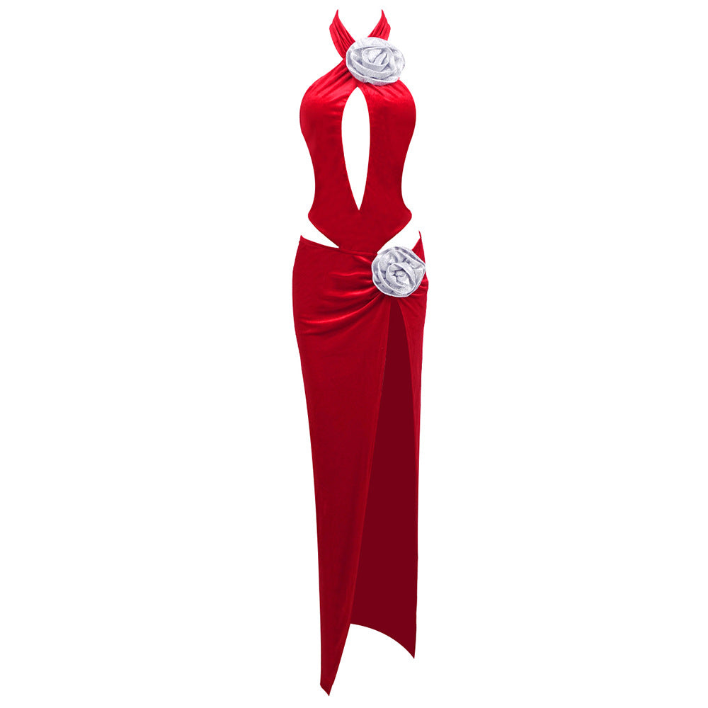 Halter Plunging V Velvet 3D Floral Applique Cutout Slit Maxi Dress