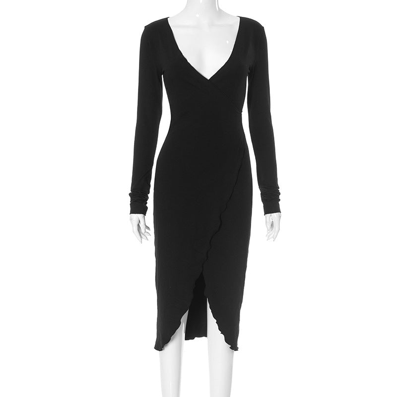 Deep V Plunge Wrap Lettuce Edge Ruffle Trim Front Slit Midi Dress