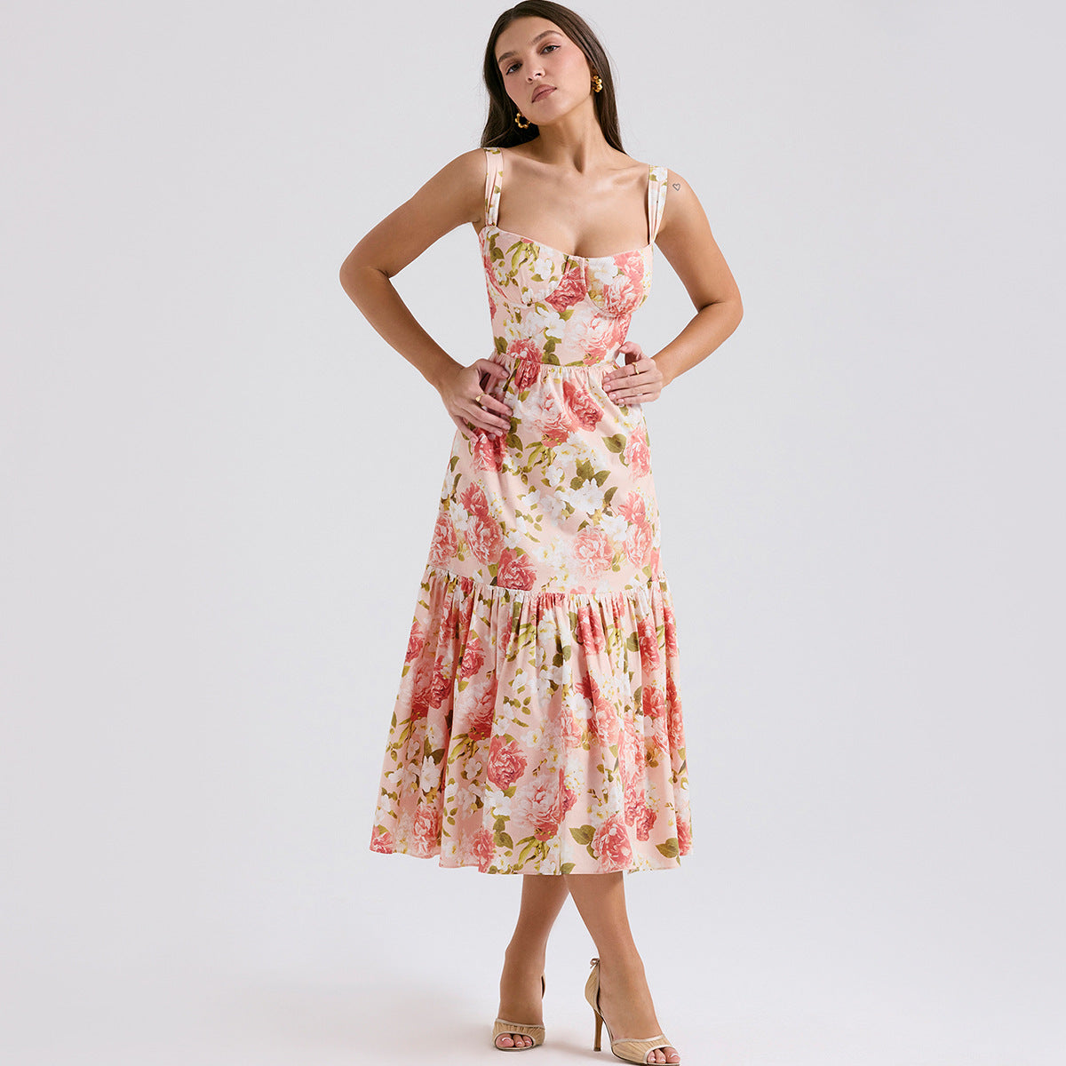 Square Neck Bustier Floral Ruffle Tier Pocket Midi Dress
