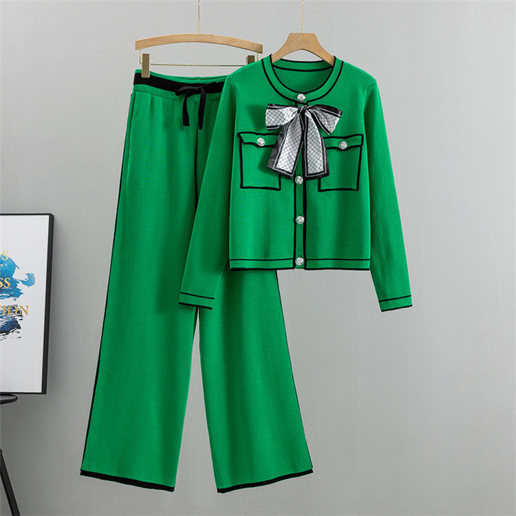 Green - Elegant Knitted Cardigan Two Piece Set