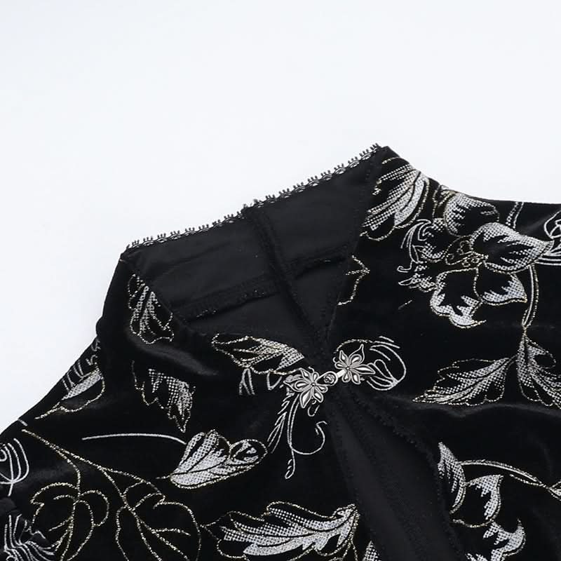 Cap sleeve flower pattern velvet button maxi dress