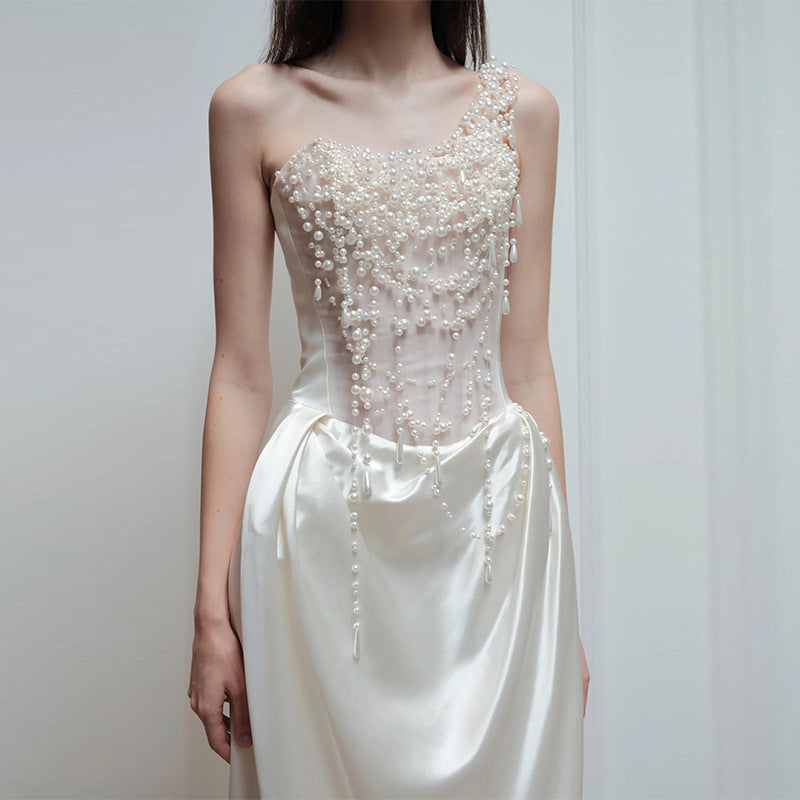 Strapless Satin Pearl Wedding Dress
