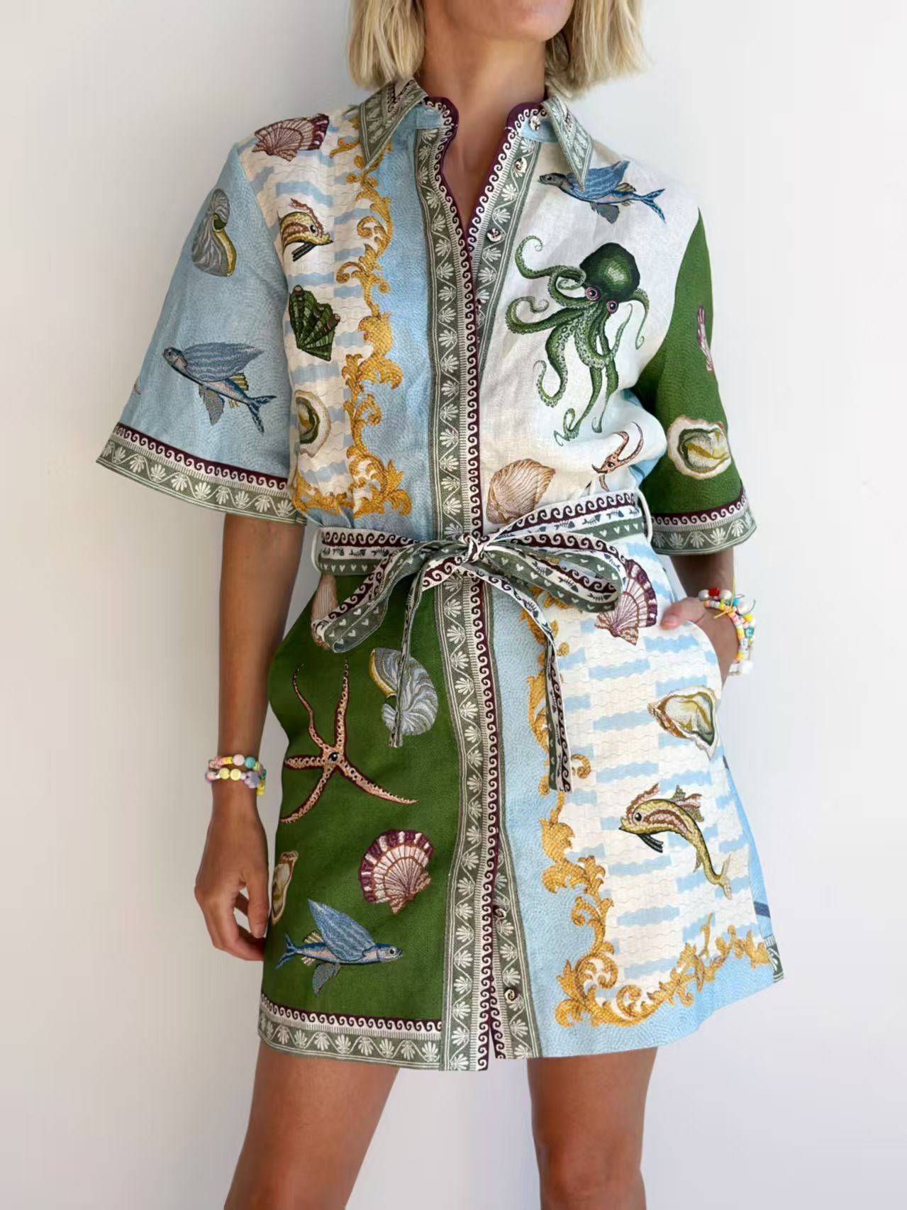 Deep Sea Dreaming Linen Blend Unique Print Tie-up Pocketed Shirt Mini Dress