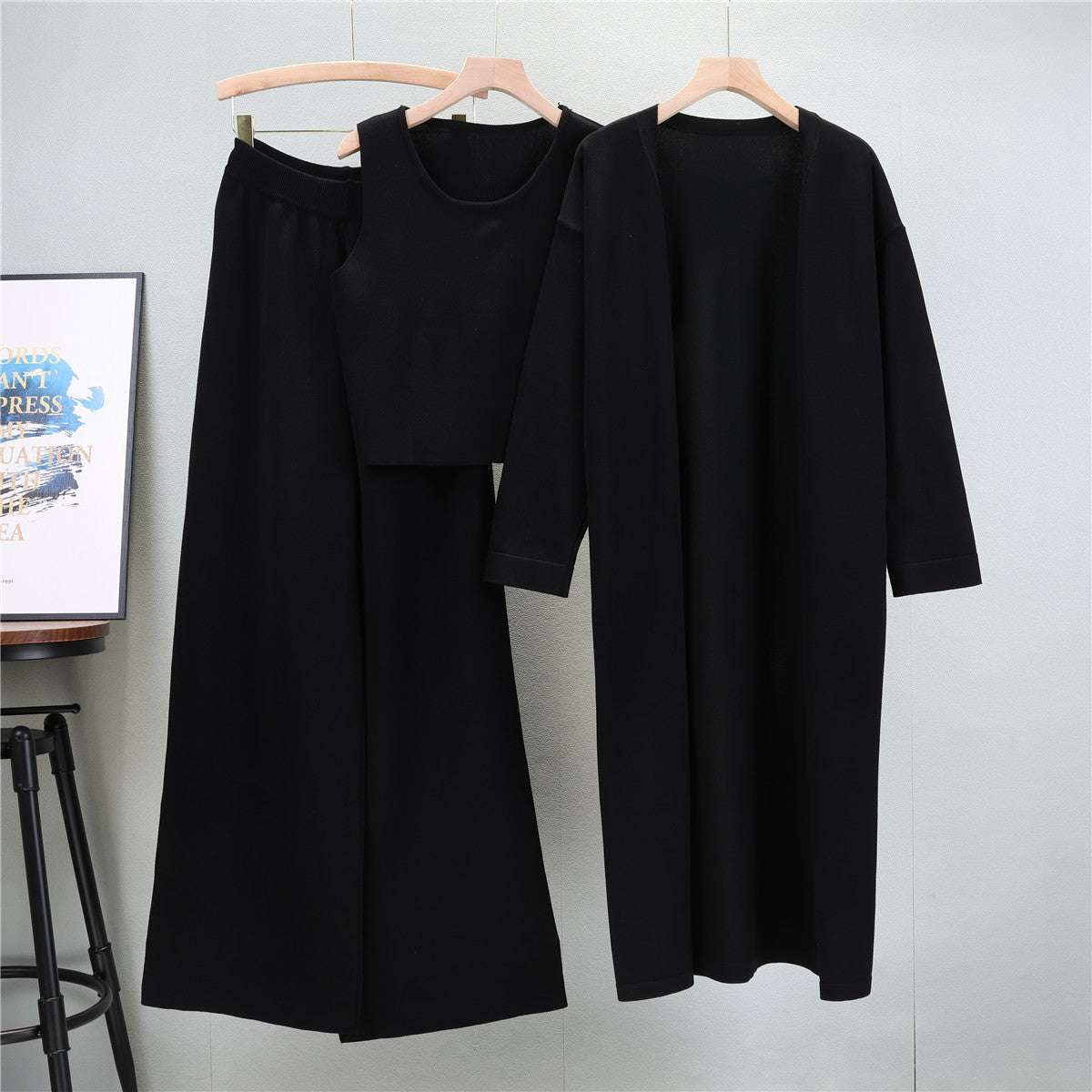 Black – Knit Shawl Cardigan Three Piece Set