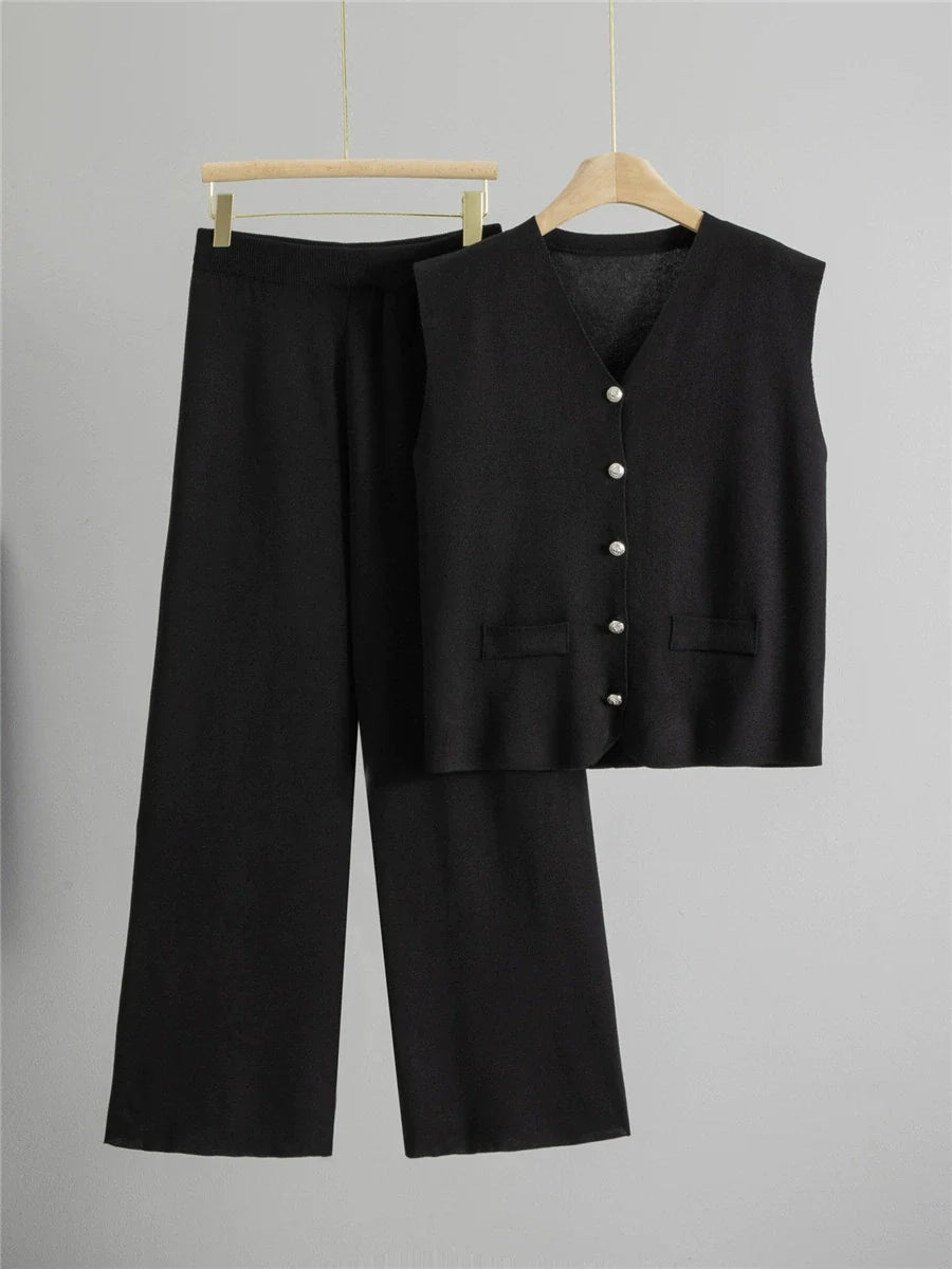 Black – Loose Cardigan Sleeveless Two-Piece Set