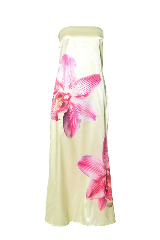 Shirley Floral Print Strapless Satin Maxi Dress