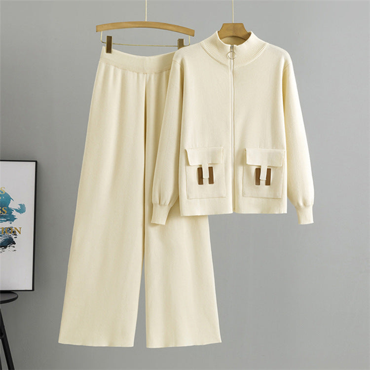 Apricot – Knitted Cardigan Wide-Leg Pants Set