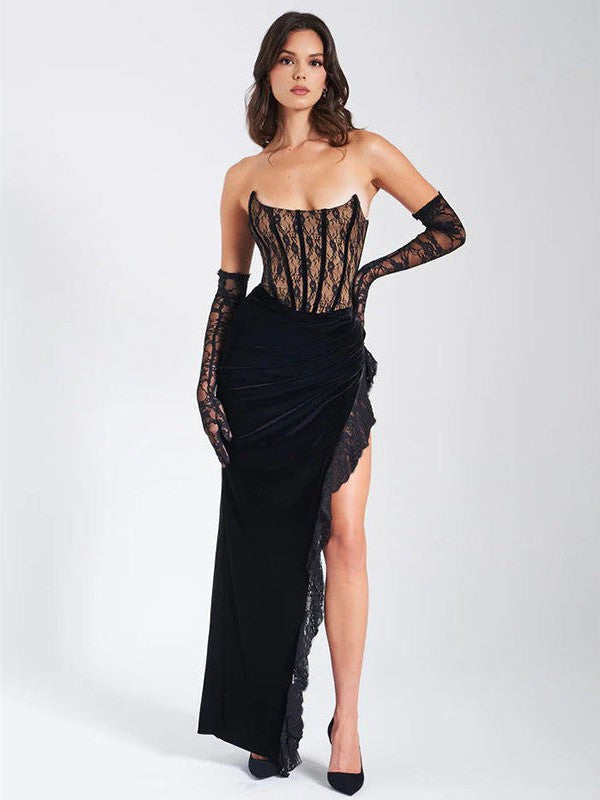 Lace Velvet Stitching Tube Top Split Dress