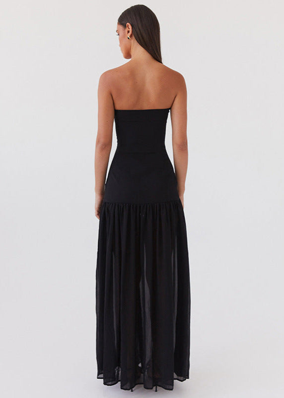 Noir Tide – Strapless Black Maxi Dress with Sheer Skirt and Side Slit
