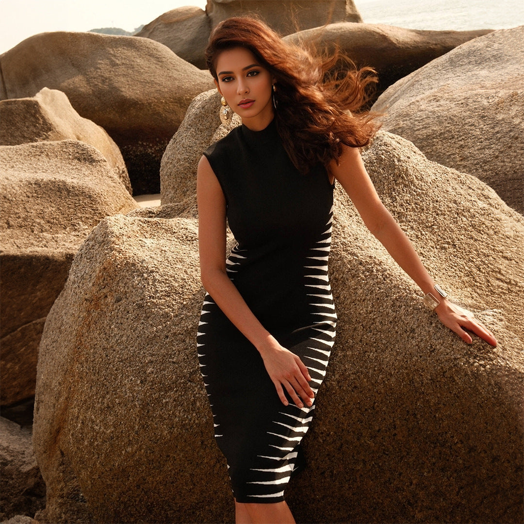 Mock Neck Geometric Contrast Stripe Bandage Bodycon Midi Dress