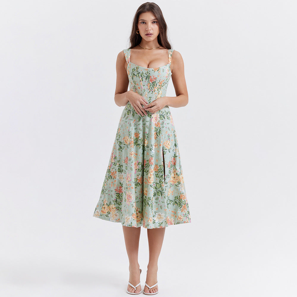 Floral Print Corset Boning Scoop Neck Tank Strap Side Slit A-Line Midi Dress