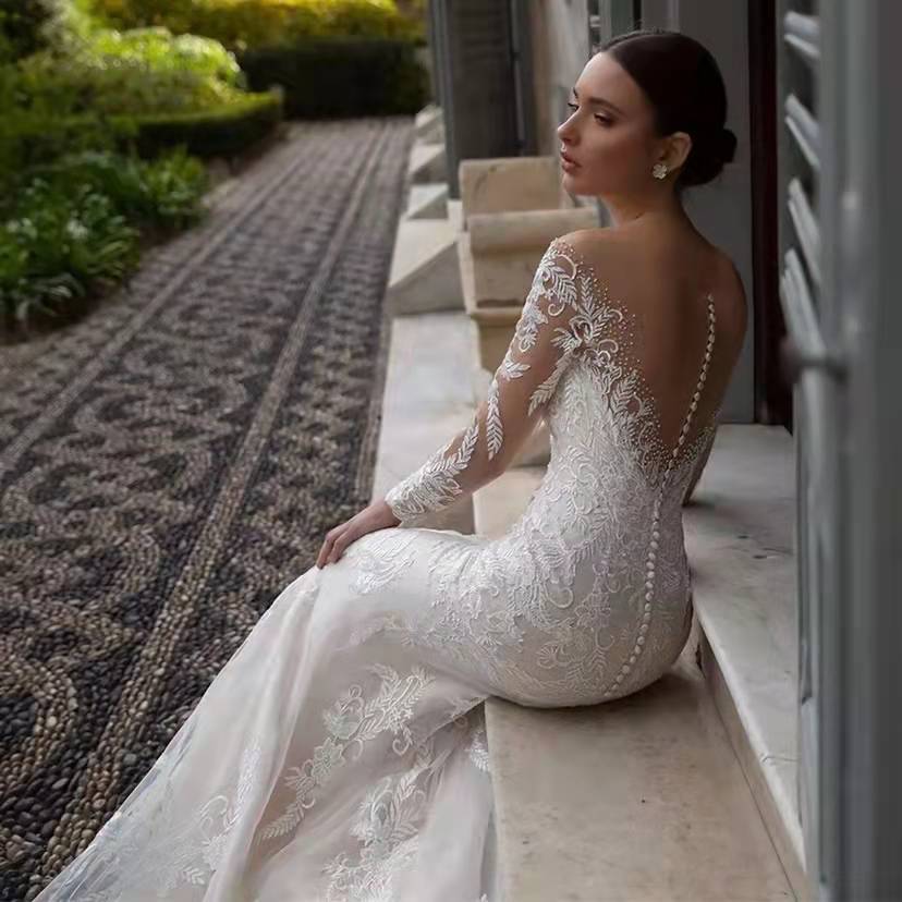 Deep V-Neck Long Sleeve Wedding Dress