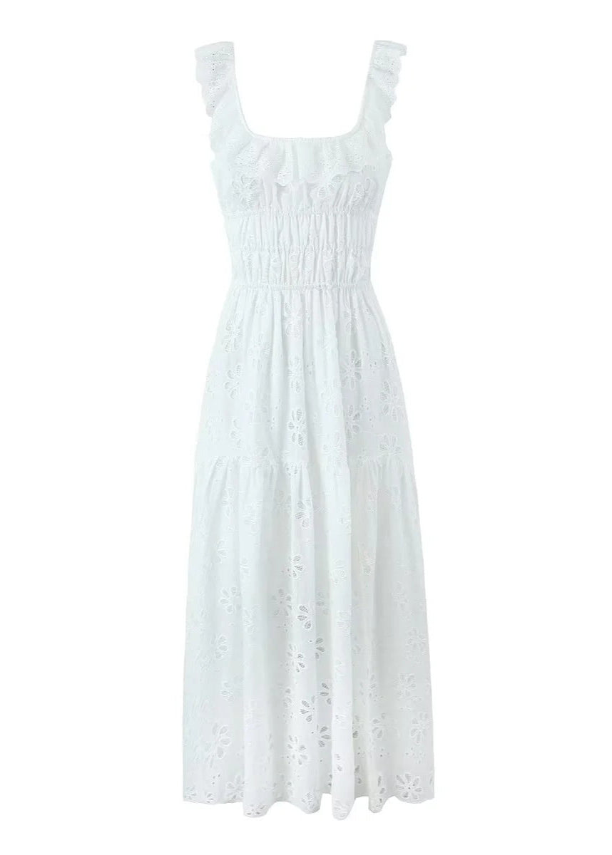 Fiorella Embroidered Maxi Dress – Eyelet Cotton Dress with Open Back & Ruffle Straps