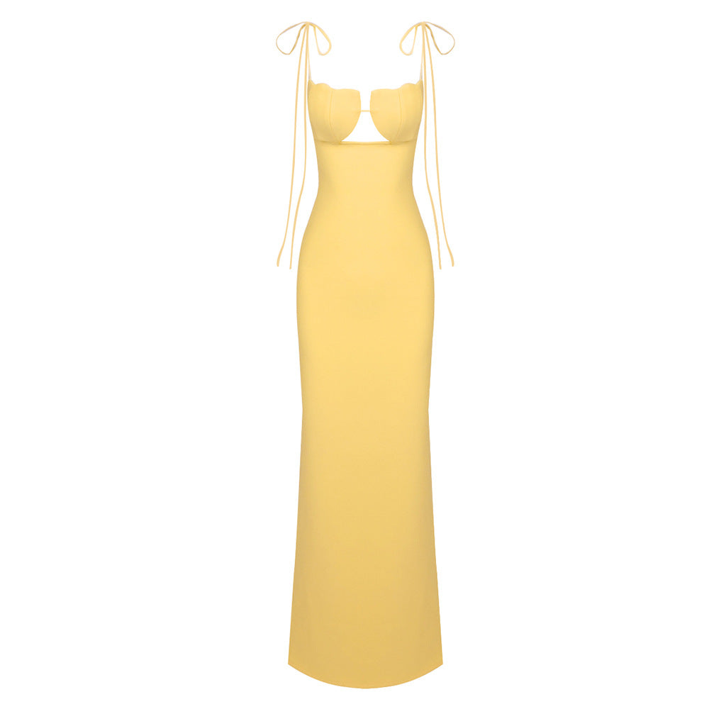 Satin Shell Cup Cutout Spaghetti Strap Column Maxi Gown