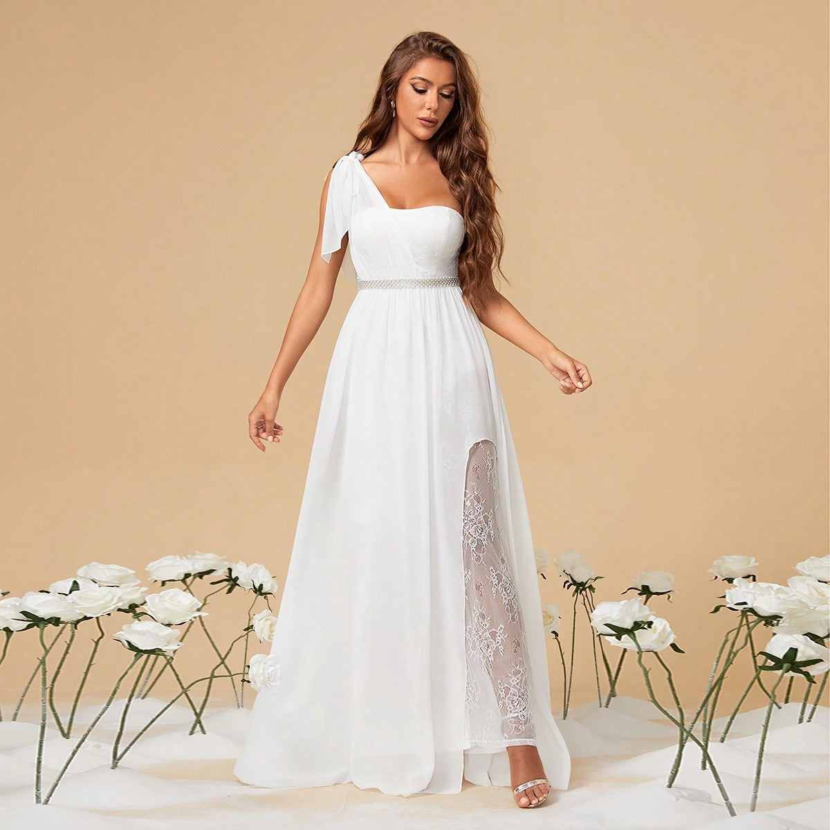One-Shoulder Bow Detail Rhinestone Belt Lace Insert High Slit Maxi Gown