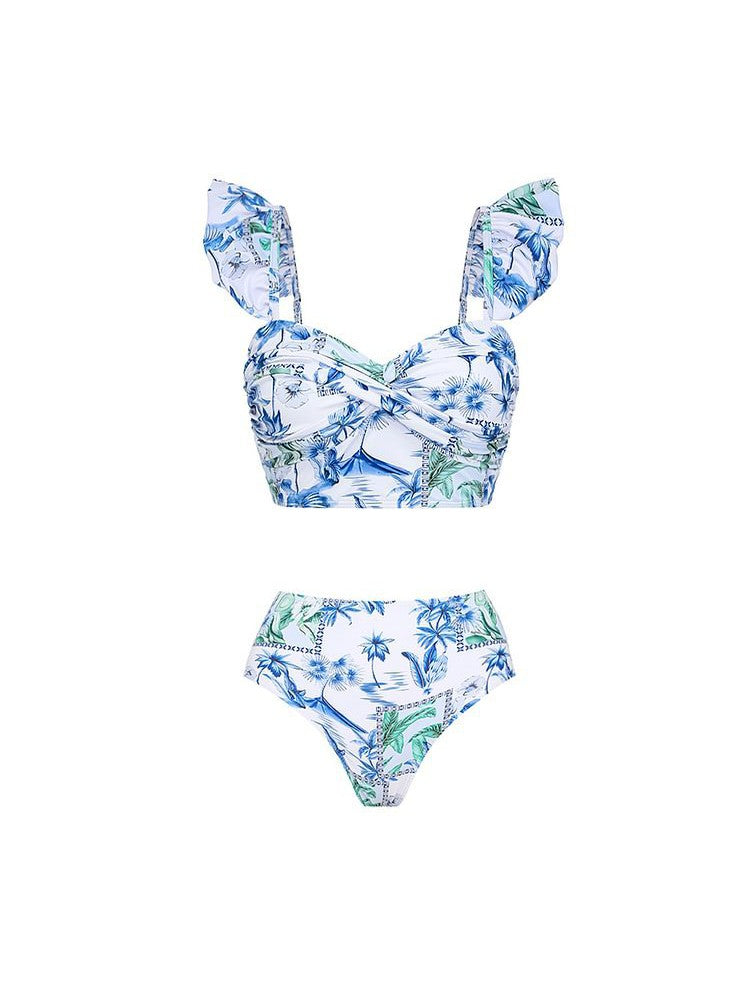 Lotus Leaf Sleeve Split Seaside Vacation High Waist Bikini Swimsuit Set