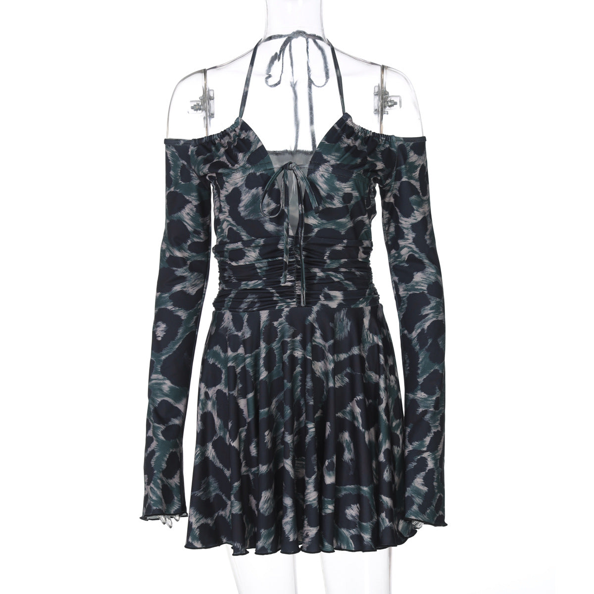 Abstract Print Mesh Off-Shoulder Tie Front Cutout Pleated Mini Dress