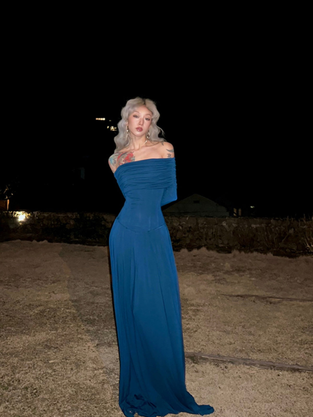 French Klein Blue Off-Shoulder Slim Dress