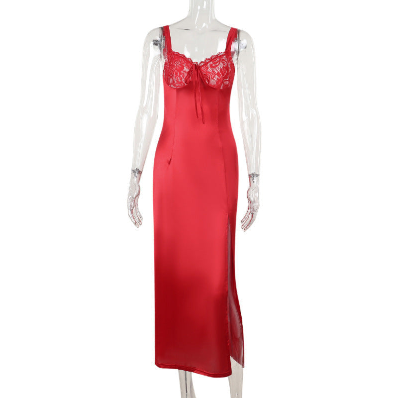 Lace Panel Bustier Spaghetti Strap High Slit Satin Maxi Dress