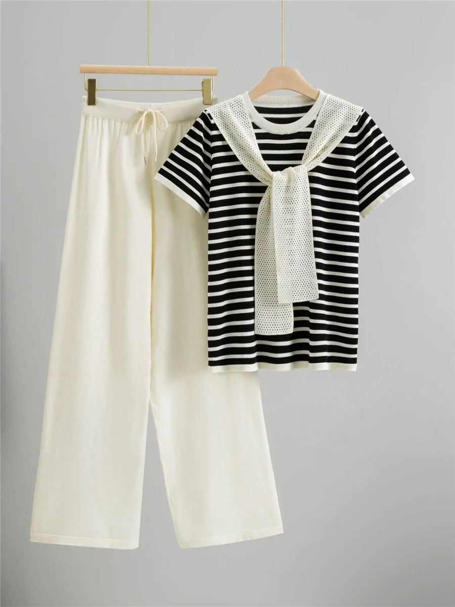 Apricot – Drawstring Short-Sleeve Striped Two-Piece Set