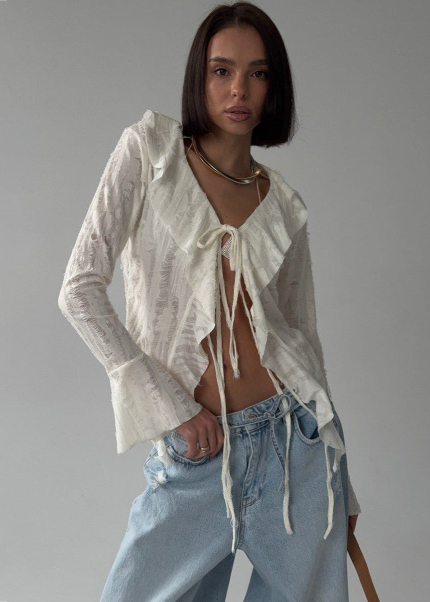 Sheer Ruffle-Trim Tie-Front Blouse