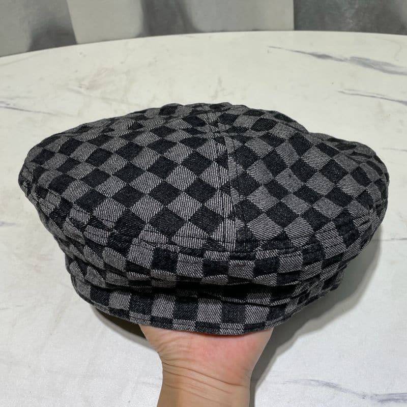 Plaid contrast denim beret hat