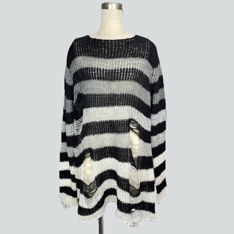 Gradient hollow out contrast striped long sleeve crochet cut out top