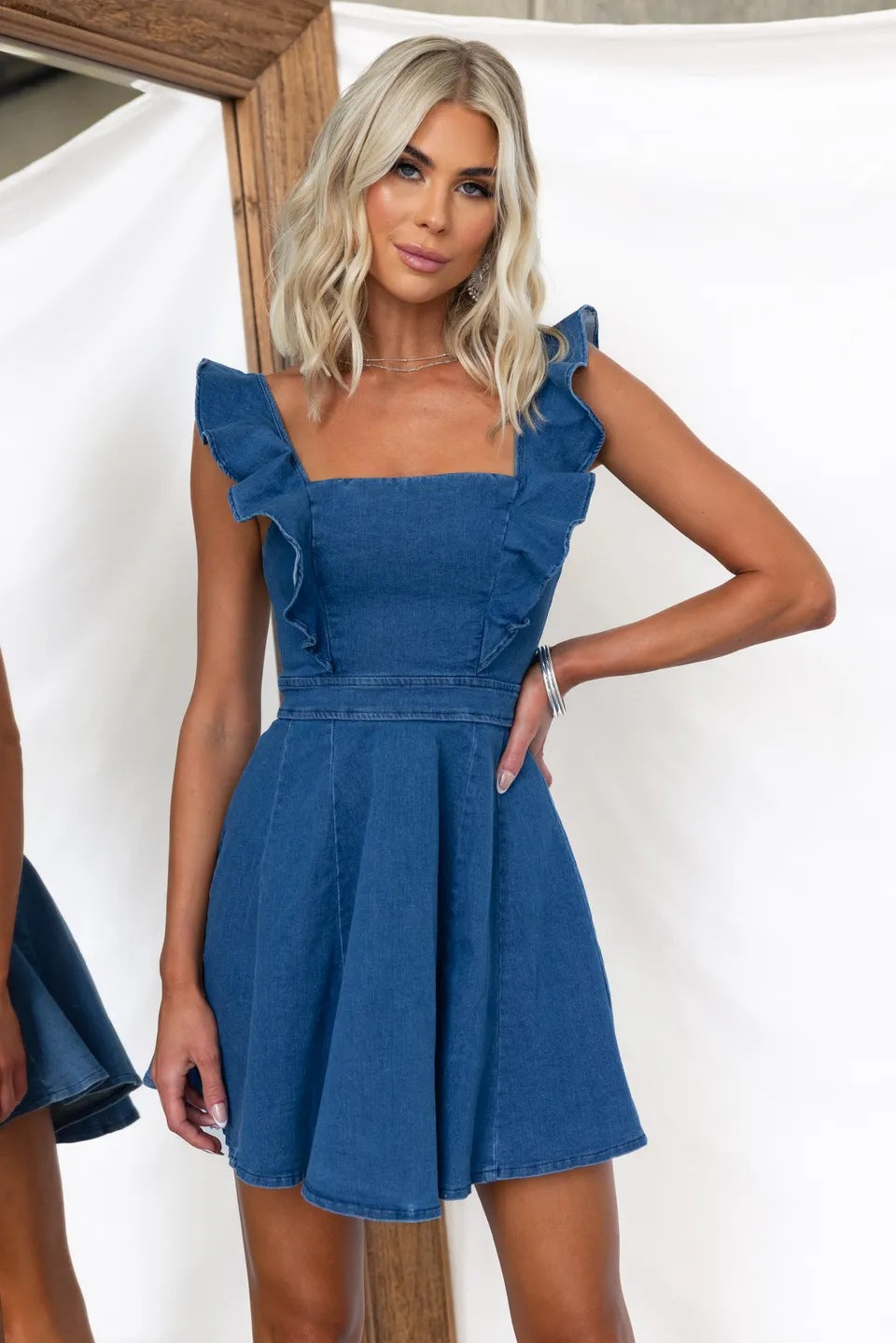 Square Neck Ruffle Strap Open Back Denim Mini Dress