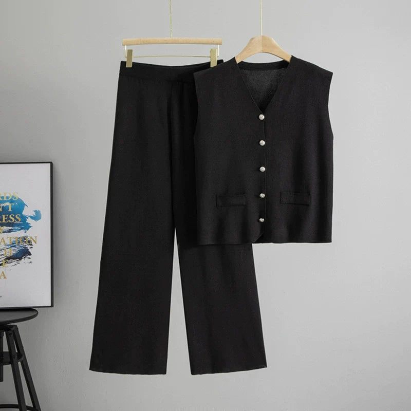 Black – Loose Cardigan Sleeveless Two-Piece Set